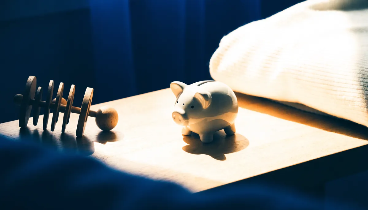 Sparschwein und Kinderspielzeug auf einem Tisch – Kinder absichern
